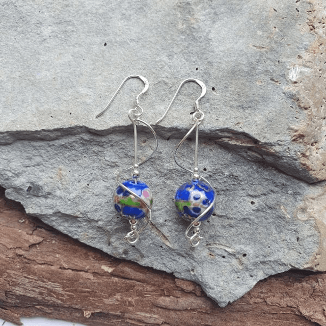 Blue patterned bead earrings - 435eoC